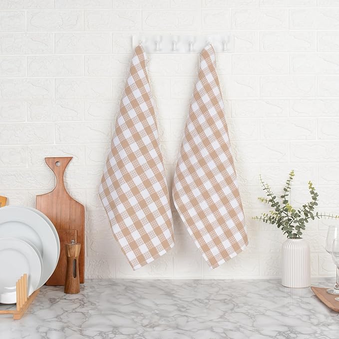 Blue Needles Waffle Weave Check Plaid Kitchen Towels, 15x25 Inches 100% Cotton Set of 4 Dish Towels for Kitchen, Ultra Soft & Absorbent for Quick Drying with Hanging Loop Spring Summer - Beige & White