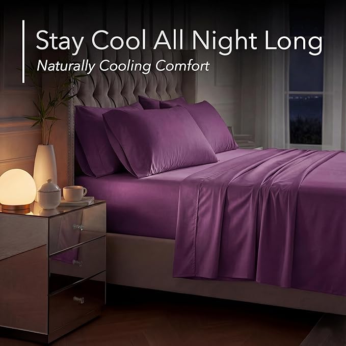 DECOLURE 100% Viscose Derived from Bamboo Sheets Queen Size - Luxury 6 Pc Naturally Cooling Sheets, Ultra Soft Bed Set - Deep 17" Pockets, Durable Double Stitching, Oeko Tex Standard (Purple)