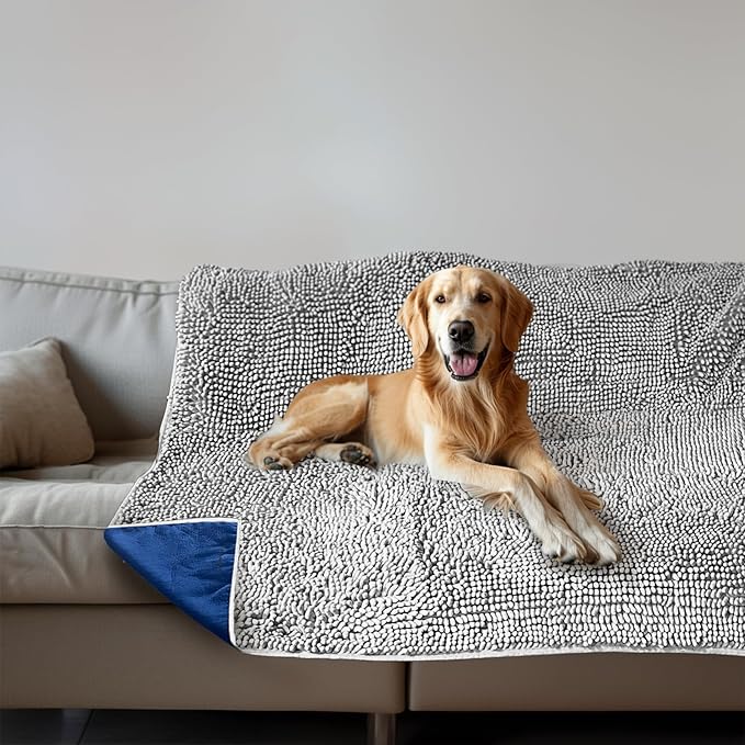 Muddy Mat® Dog Blanket - Chenille Water Absorption Blanket for Bed & Couch Cover for Dogs Washable, Anti-Slip Soft and Durable Furniture Protector for Dogs - Grey 52"x72"