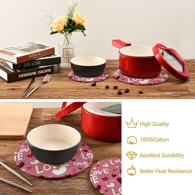 Valentine's Day Hearts Love Trivet Mat 2PCS Round Woven Potholders Kitchen Table Countertop Protector Hot Pads Farmhouse Coasters Counter Mats for Cooking Baking