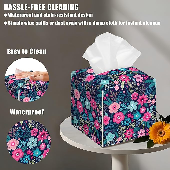 BLYKVGHQ Square Tissue Box Cover Colorful Flowers and Leaves Tissue Box Holder Facial Cube Paper Dispenser Leather Decorative Organizer Home Office Desk Decor, 5.2"x5.2"x5.2"
