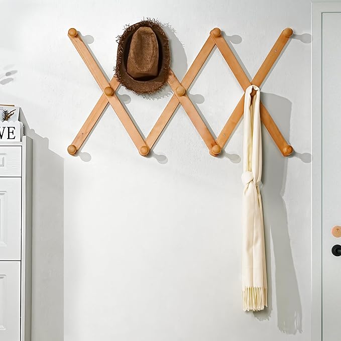 SKOLOO Large Hat Rack for Wall, Wooden Accordion Wall Hanger, Modern, Expandable Coat Hooks, Hat Display Rack for Home, Office, and Studio, 11 Peg, Natural