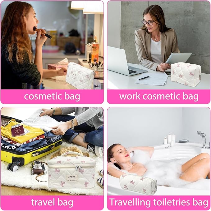 Quilted Makeup Bag, Large Capacity Travel Cosmetic Bag for Women and Girls, Aesthetic Storage for Daily and Travel Use (4pcs-pinkbow)