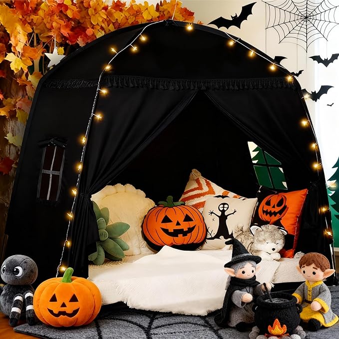 Sumbababy Large Teepee Tent for Kids: with Star Lights - Tent for Toddler Indoor Kids Teepee Tent for Boys & Girls - Toddler Play Tent Inside Canopy Bed for Playroom Gift Toys (All-Black)