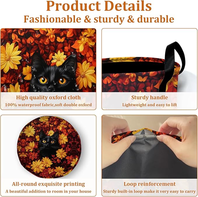 Black Cat in Flowers Laundry Basket with Sturdy Handles, Red Yellow Floral Collapsible Oxford Cloth Laundry Hamper Organizer Basket for Bathroom Bedroom 15.7x20 Inch