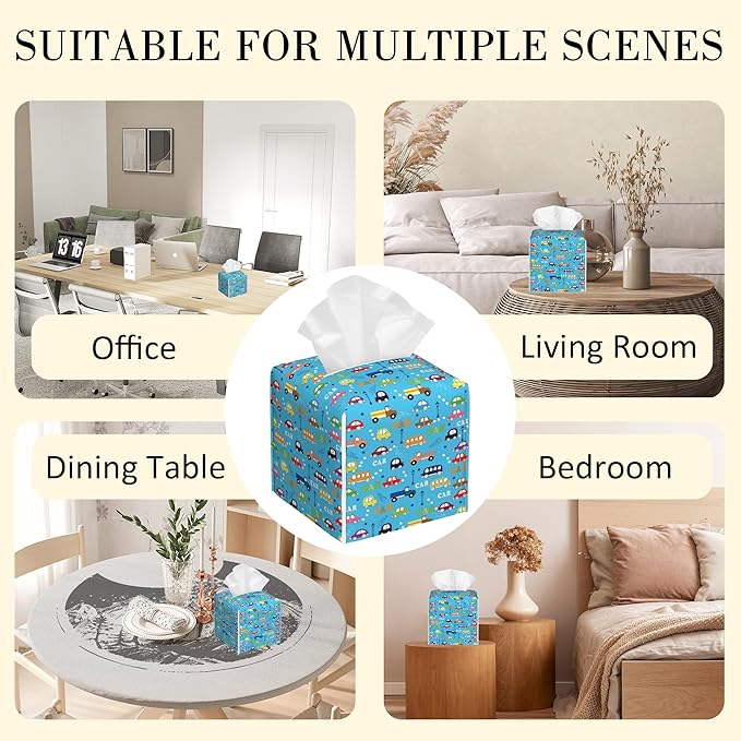 POIUBLE Leather Tissue Box Holder Cartoon Buses, Trucks and Cars Tissue Box Cover Square Waterproof Tissue Holder Organizer Modern Napkin Holder for Bedroom Dresser Night Stand Office Desk