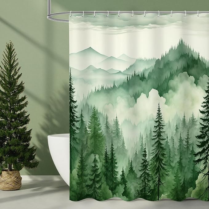 Litabel Green Long Misty Pine Forest Shower Curtain 72 x 78, Mountain Foggy Woodland Scenery Tree 78 Inch Long Shower Curtains for Bathroom, Abstract Waterproof Nature-Themed Decor