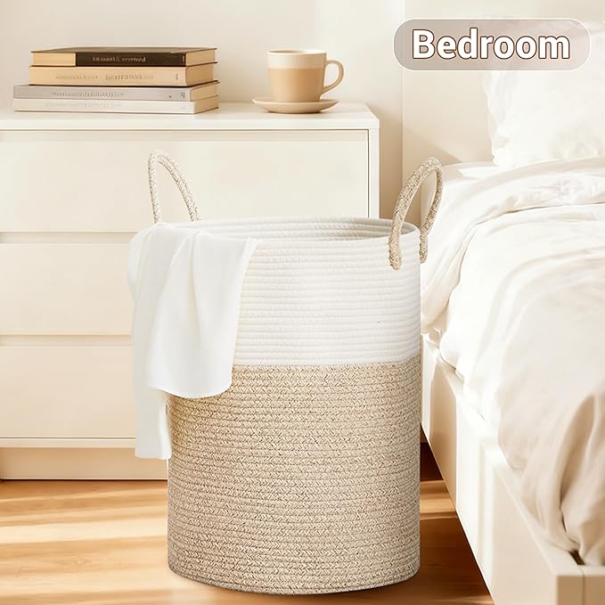 SunNewt Tall Laundry Basket with Handles, 72L Portable Dirty Clothes Hamper, Boho Cotton Rope Storage Bin for Blankets Kids Toys Gifts, Large Organizer for Baby Nursery Bedroom Bathroom, Brown