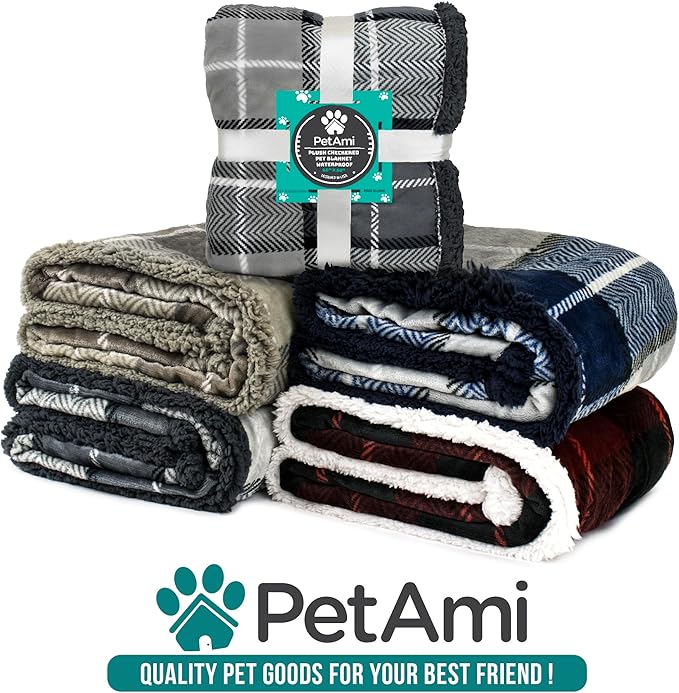 PetAmi Waterproof Dog Blanket for Small Medium Dog Puppy Cat Throw for Couch Cover Leakproof Protection, Sherpa Fleece, Reversible Soft Washable 29x40 Plaid Taupe