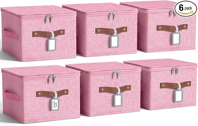 Fiwochic 6 Pack Fabric Storage Bins with Lids and Label, 10×8×7Inch Foldable Cotton Linen Cute Storage Boxes with PU Leather Handles for Closet, Bedroom, Shelf, Nursery, Pink