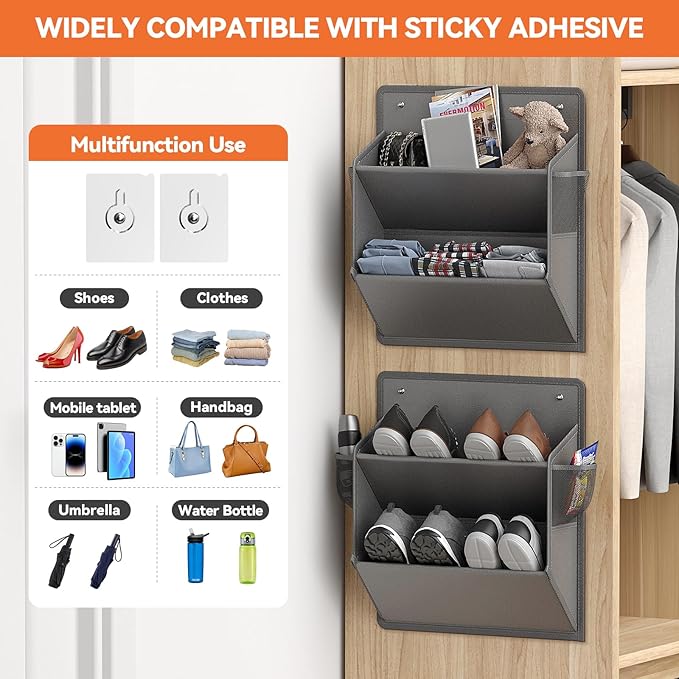 DEYILIAN 2 Pack RV Shoe Storage with Sticky Adhesive Tape, Over the Door Shoe Rack, Wall Hanging Shoe Organizer with Large Deep Pockets for Camper, Narrow Space Saving Closet Organizers - Grey