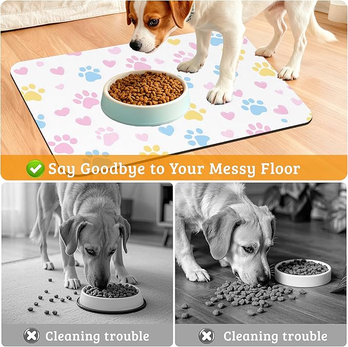 Dog Bowl Mat,Colorful Dog Paws Pet Feeding Mat for Floors Waterproof,Animal Absorbent Dogs Placemat for Food and Water Quick Dry Pet Cat Feeding Mats with Non Slip Bottom 12" x 20"
