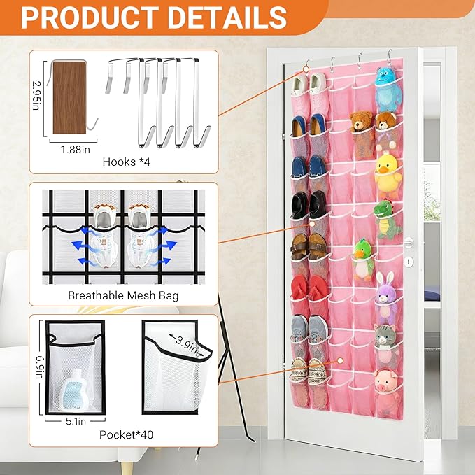 Hualleko 40-Pocket Over the Door Shoe Organizer - Large Mesh Pocket Hanging Shoe Organizer,Behind the Door Shoes Storage Holder Hanger (Pink-W)