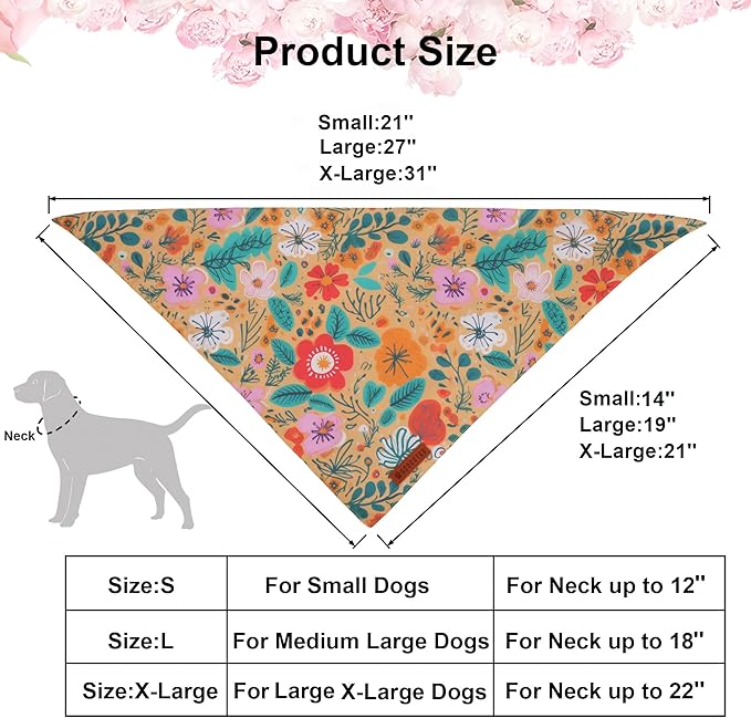 ADOGGYGO Floral Dog Bandana, Orange Green Flower Pet Scarf, Adjustable Fit Floral Bandanas for Small Dogs Pets (Small)