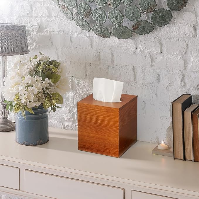 GCWSTJK Tissue Box Cover Square, Cube Wooden Tissue Box Holder, Decorative Facial Tissue Dispener for Vanity Toilet Tank Dresser Nights Stand Kitchen Table Countertop Office, Brown