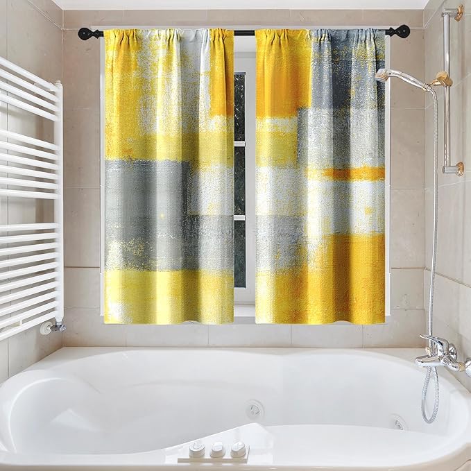 Culudea Grey Yellow Painting Shower Curtain Set, Gray Contemporary Abstract Bathroom Window Waterproof Shower Curtain Set for Bathroom Decor