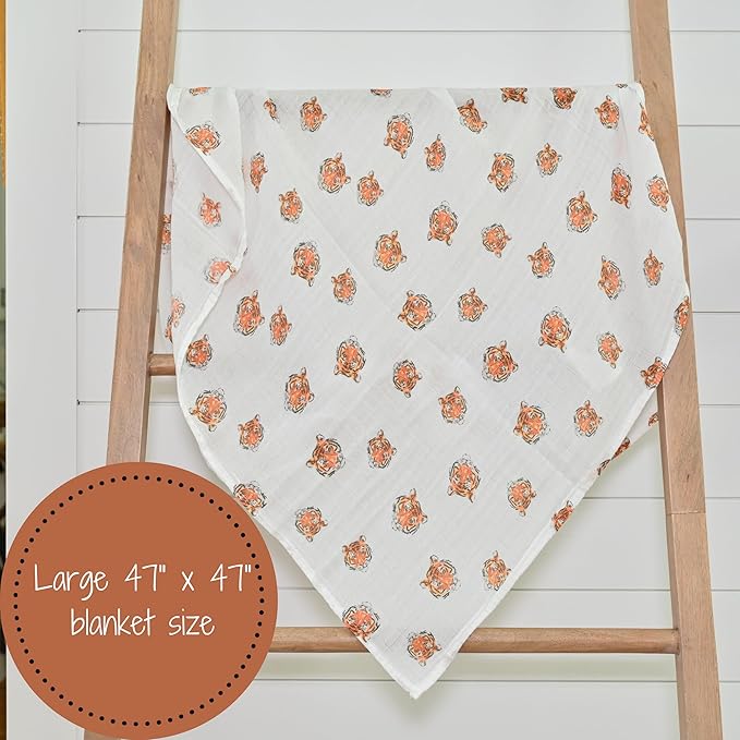 LollyBanks 100% Cotton Muslin Swaddle Blanket, Large 47 x 47 Inches, Tiger Theme, Orange, Modern Animal Print, Breathable and Lightweight, Baby Care, 1 Count