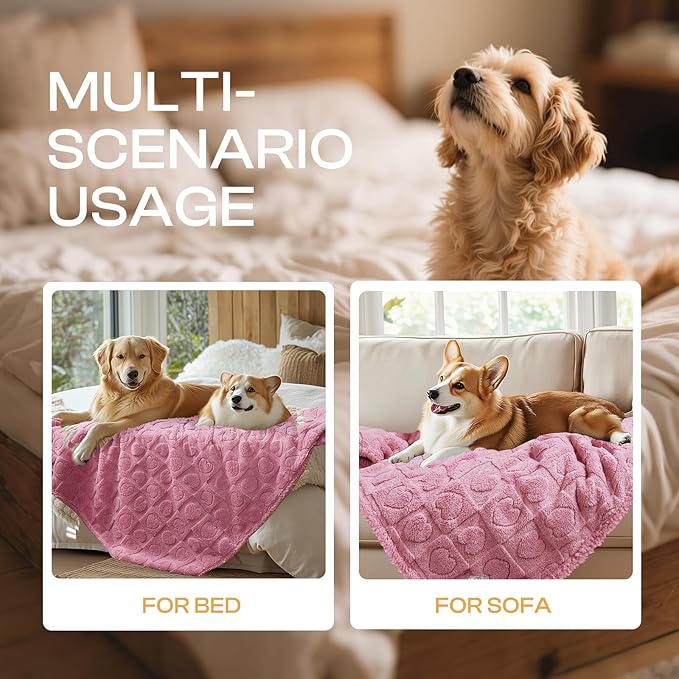 Luciphia Waterproof Dog Blanket for Medium Large Dogs Washable Bed Couch Protector Soft Fluffy 3D Heart Jacquard Pet Blanket with Sherpa Fleece Cozy Calming Throw Blankets, Pink 65x57 inch