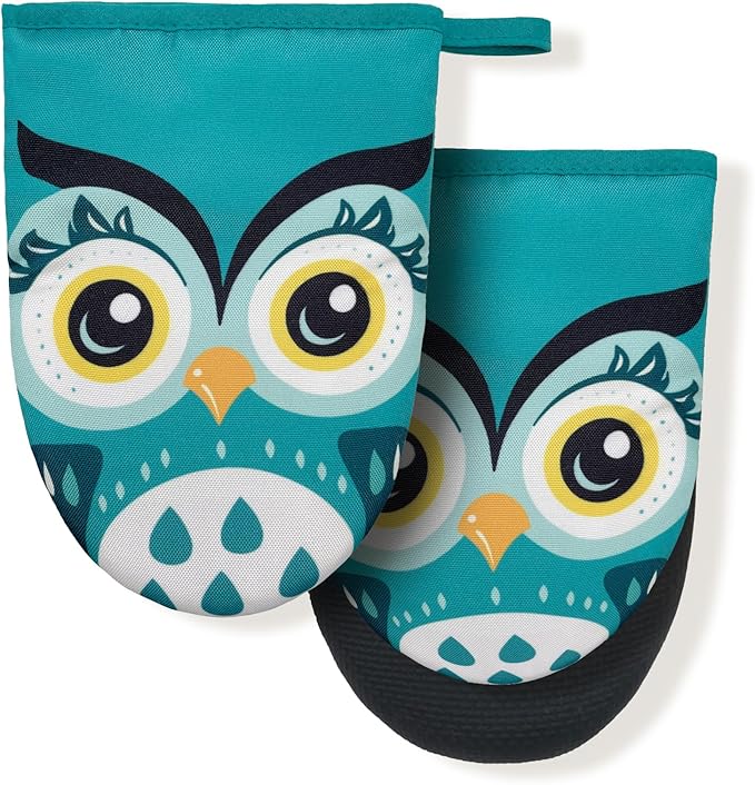 Owl Cute Green Teal Mini Silicone Oven Mitts, Heat Slip Resistant Kitchen Gloves 2-Pack Set, Soft Short Small Oven Mittens Pot Holders for Baking Grilling Barbecue Microwave Gift