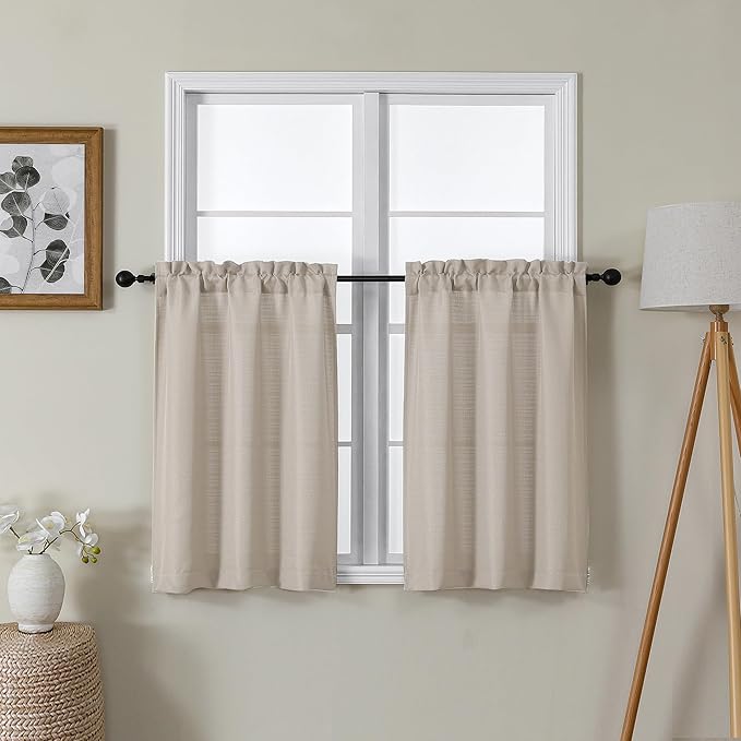 Lecloud Bessie Khaki Kitchen Curtains 30 Inch Length 2 Pcs, Light Filtering Cafe Short Curtain Tiers, Dual Rod Pocket Window Treatments for Bedroom Basement Bathroom, Each 30 W x 30 L