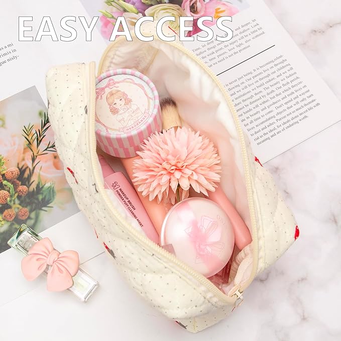 PAZIMIIK 2PCS SET Vintage Quilted Makeup Bag Cosmetic Pouch for Brushes Pencils and Travel Make Up Accessories for Women and Girls Gauze Strawberry