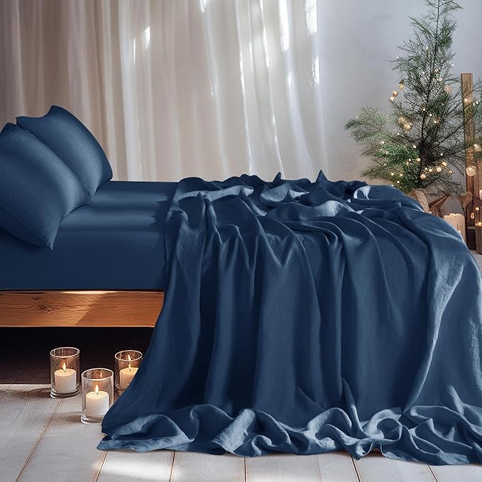 LBRO2M 100% Linen Sheet Set Twin Size,Bed Sheets 3 Piece Sets,Solid Color Natural Flax Bed Sheets Soft Breathable Bedding,16" Deep Pocket,All Season (Twin, Navy Blue)
