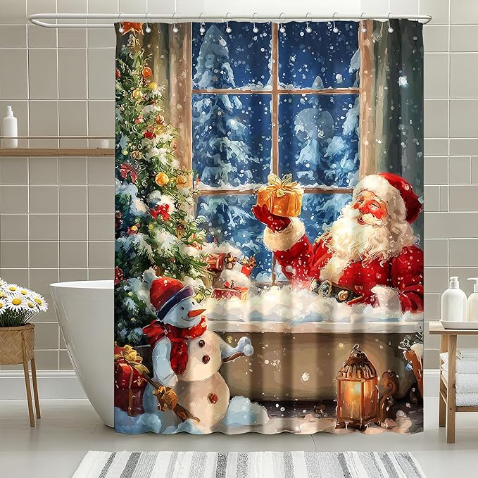mutakin Vintage Christmas Shower Curtain Retro Santa Claus Shower Curtains for Bathroom Waterproof Fabric Bath Curtain Decor with Hooks