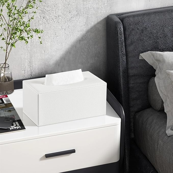 JLAMBOM Rectangle Tissue Box Cover for 120 to 160 Count Box of Tissues, PU Leather Tissue Holder with Magnetic Closure (White)