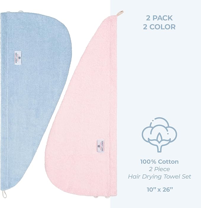 American Soft Linen 100% Cotton Hair Towels for Women, Head Towel Cap, Cotton Hair Turban Towel Wrap for Long Curly Anti Frizz Hair, Soft and Absorbent Cotton Hair Towels 2 Pack, Sky Blue-Pink