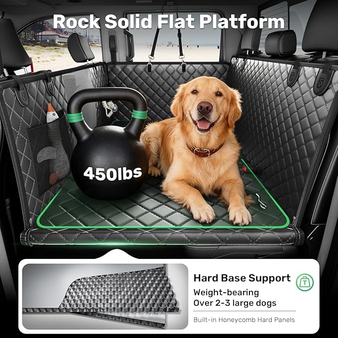 Zanch Heavy-Duty Dog Car Seat Cover, Flat Solid Back Seat Extender for Multi Large Dogs, Hard-Base Supports 450 lb, Waterproof Scrachproof Hammock Protector, Standard for Cars, SUV, Trucks, Black