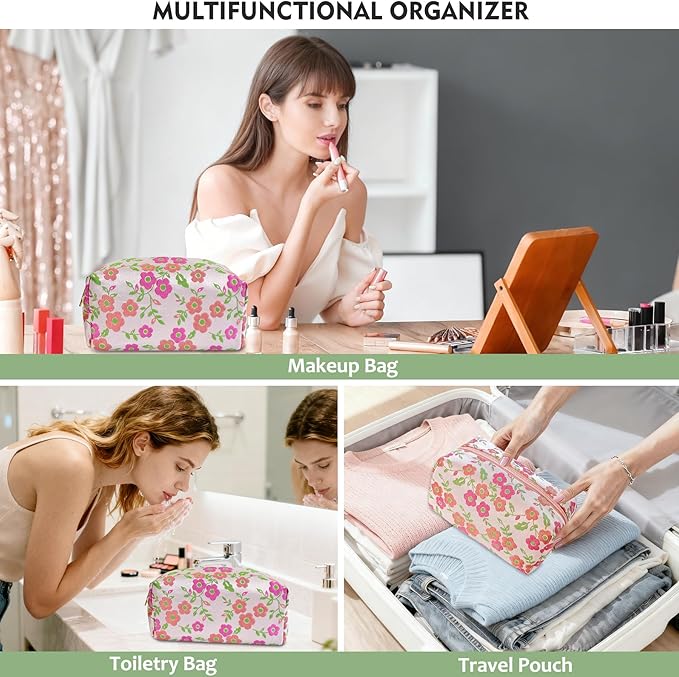 STARDW Cute Floral Makeup Bag for Women, Large Capacity Travel Toiletry Bag with Zipper and Canvas Lining