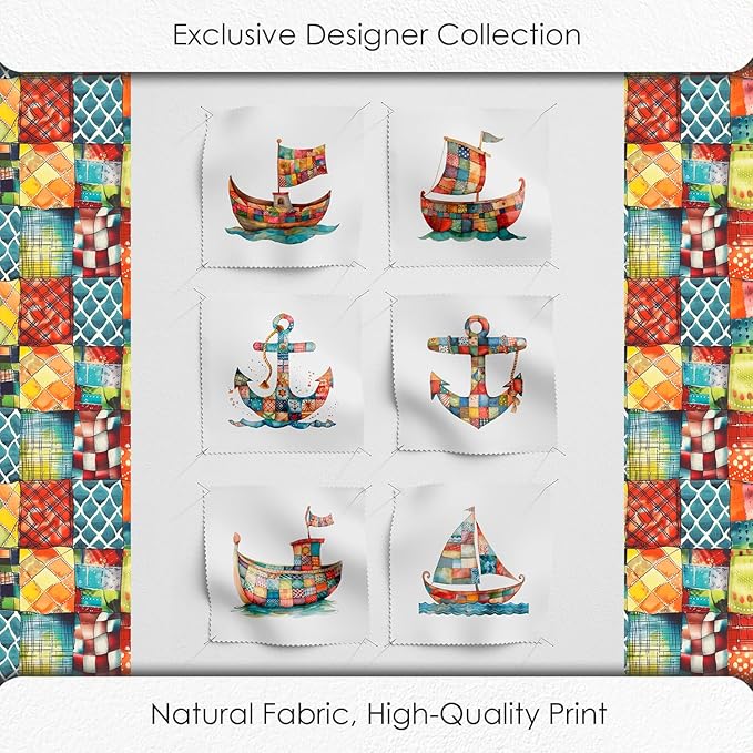 Patchwork Boat Cotton Fabric Panel – Six 10×10 inch Designs + Bonus 29.5×19.6 inch Patchwork Sheet, 100% Turkish Cotton 140 GSM