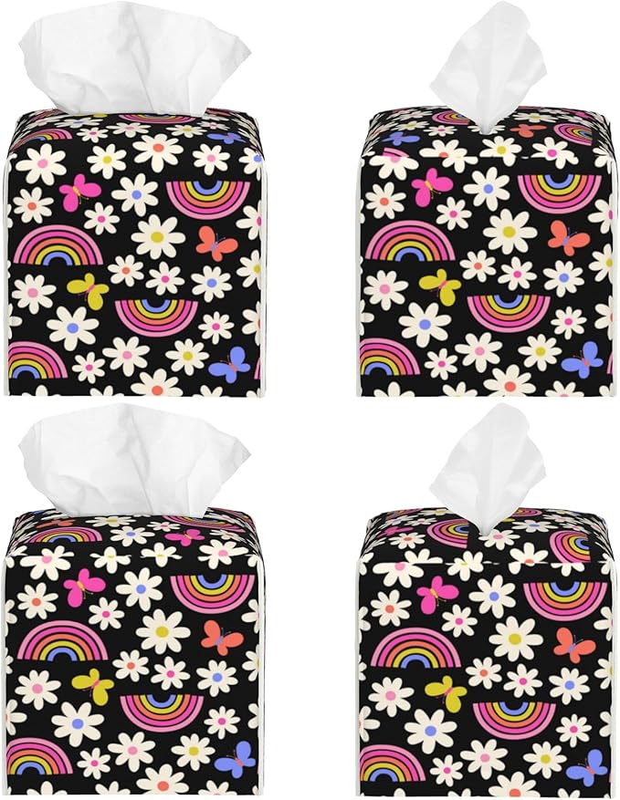 POIUBLE Leather Tissue Box Holder Rainbow Daisy Flower Tissue Box Cover Square Waterproof Tissue Holder Organizer Modern Napkin Holder for Bedroom Dresser Night Stand Office Desk