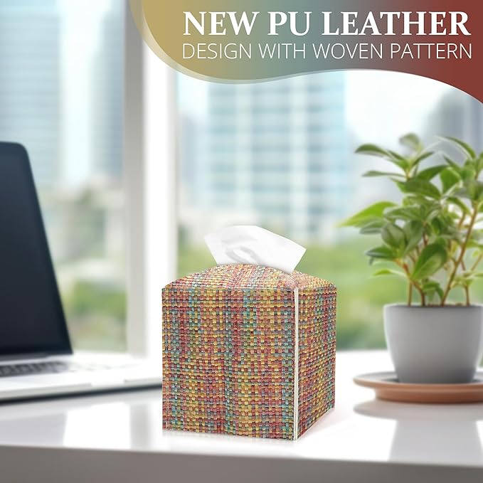 Tissue Box Cover, PU Leather Tissue Box Holder with Bottom Belt, Modern Square Tissue Box Covers with Wide Opening (Dark Mix Color, Woven Patterns)