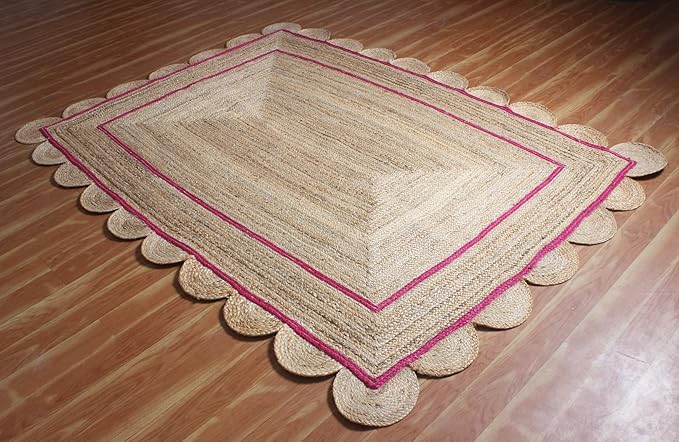 Scalloped Edge Rug, Hand Woven Natural Jute Area Rug, 9x15 Ft Beige & Pink Braided Sisal Kilim Rugs for Living Room, Kitchen, Entryway, Farmhouse