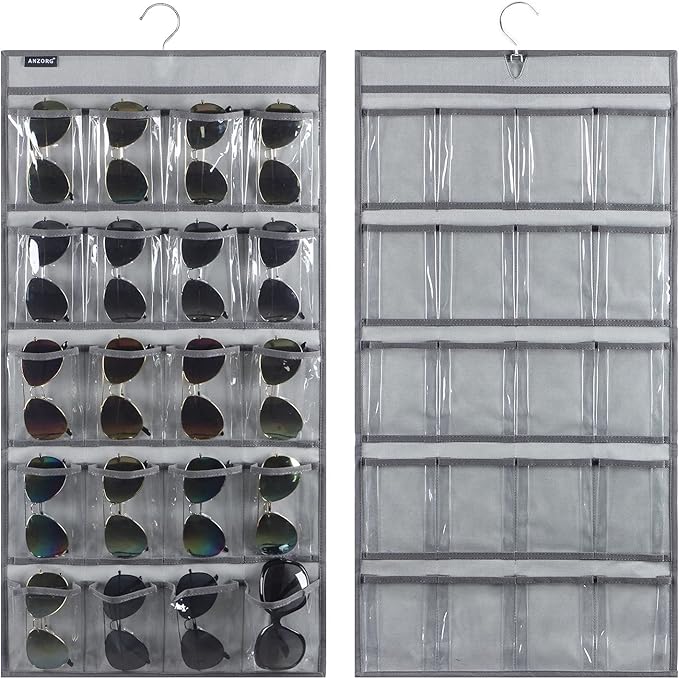 ANZORG Dual Sided Hanging Sunglasses Organizer Storage Wall Mounted Eyeglasses Holder Eyewear Display Case with 40 Clear Slots (40 Pockets-Grey)
