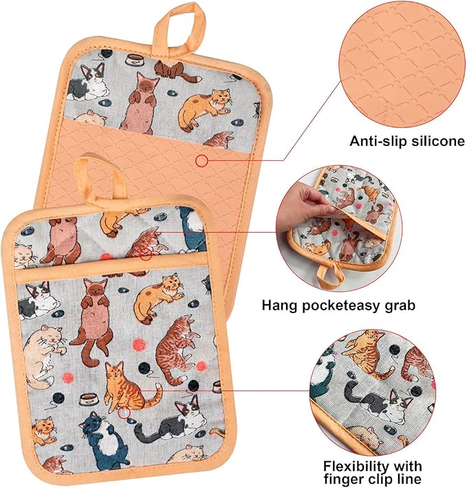 Oven Mitts and Pot Holders with Chef Apron,Set of 5 Heat Resistant Kitchen Gloves and Silicone Non-Slip Potholders Adjustable Neck Buckle Chef Apron, Cotton Nice Design for Cooking (Cat)