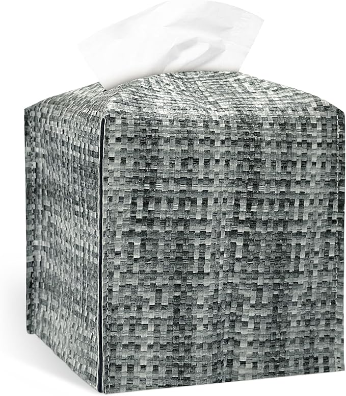 Tissue Box Cover, PU Leather Tissue Box Holder with Bottom Belt, Modern Square Tissue Box Covers with Wide Opening (Black Gray, Woven Patterns)