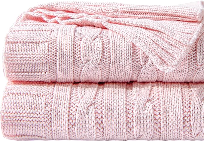 NTBAY 100% Pure Cotton Cable Knit Throw Blanket, Super Soft Warm 51x67 Knitted Throw Blanket for Couch, Sofa, Chair, Bed - Extra Cozy, Machine Washable, Comfortable Home Decor, Baby Pink