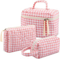 Paterr Makeup Bag Set 3 Pcs Large Quilted Cotton Make up Bags for Women Cosmetic Travel Toiletry Organizer Pouch Cute Aesthetic Storage Purse(Pink,Pink Plaid)