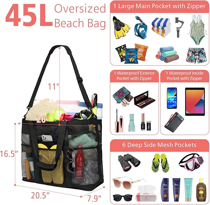 F-color Mesh Beach Bag Family - Large Tote Bag for Cruise Pool Toys Beach Vacation Essentials