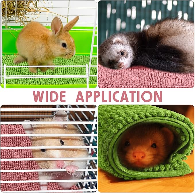 Amylove 4 Pcs Guinea Pig Cage Liner Guinea Pig Bedding Dog Door Mat for Muddy Pet Paws Washable Chenille Pee Pads Small Animal Sleeping Bed for Bunny Hamster(16 x 24 Inch,Rectangular,Green Pink)