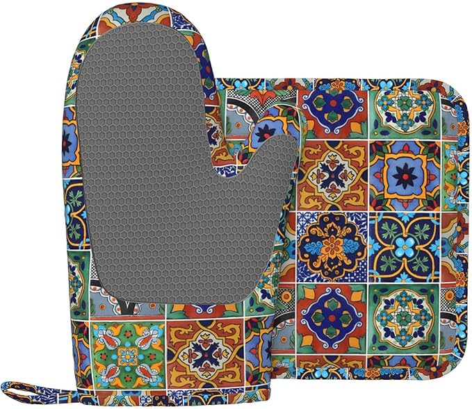 Silicone Oven Mitts and Pot Holders Sets, Home Talavera Mexican Tiles Heat Resistant BBQ Gloves for Kitchen Baking Cooking Grilling Microwave