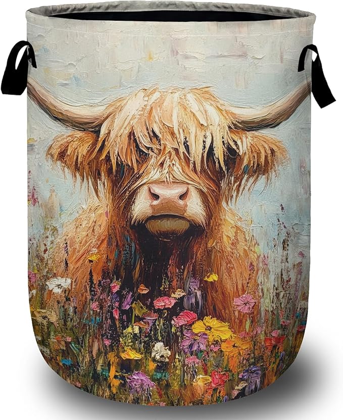 Watercolor Highland Cow Flower Laundry Basket with Sturdy Handles, Collapsible Oxford Cloth Laundry Hamper Organizer Basket for Bathroom Bedroom 15.7x20 Inch