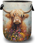 Watercolor Highland Cow Flower Laundry Basket with Sturdy Handles, Collapsible Oxford Cloth Laundry Hamper Organizer Basket for Bathroom Bedroom 15.7x20 Inch