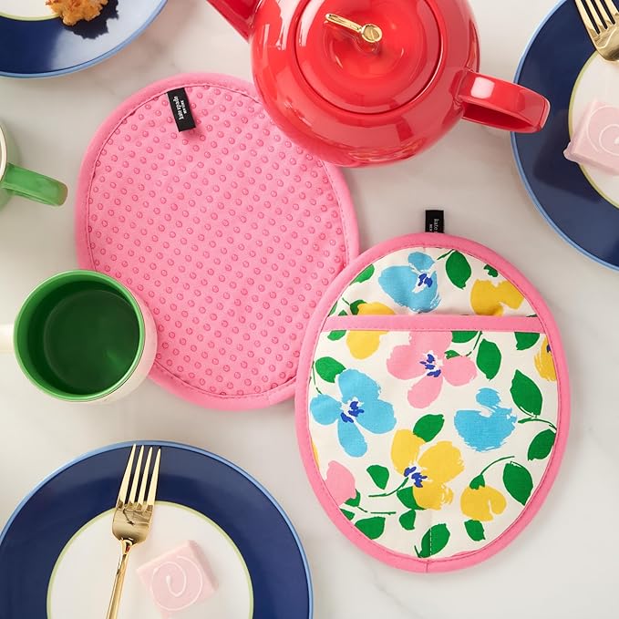 Kate Spade New York Painterly Bouquet Pot Holder 2-Pack Set, Heat Resistant, 100% Cotton with Printed Non-Slip Silicone Grip, Pink/Green/Blue, 8"X10"