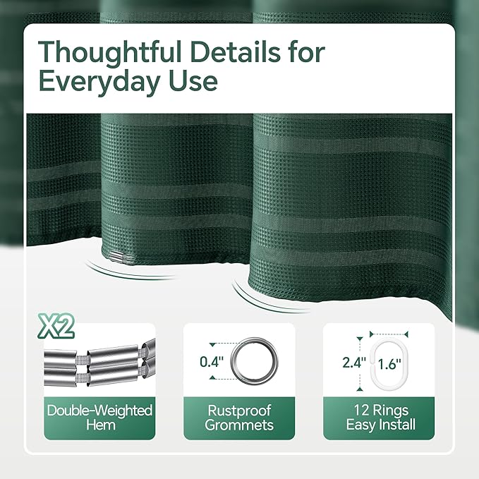 TURKIO Stall Fabric Shower Curtain, 48 inch Wide Narrow Dark Green Shower Curtain Waffle Weave Shower Curtain Striped Fabric Shower Curtains for Bathroom, Green Bathroom Decor, (48Wx72H, Dark Green)