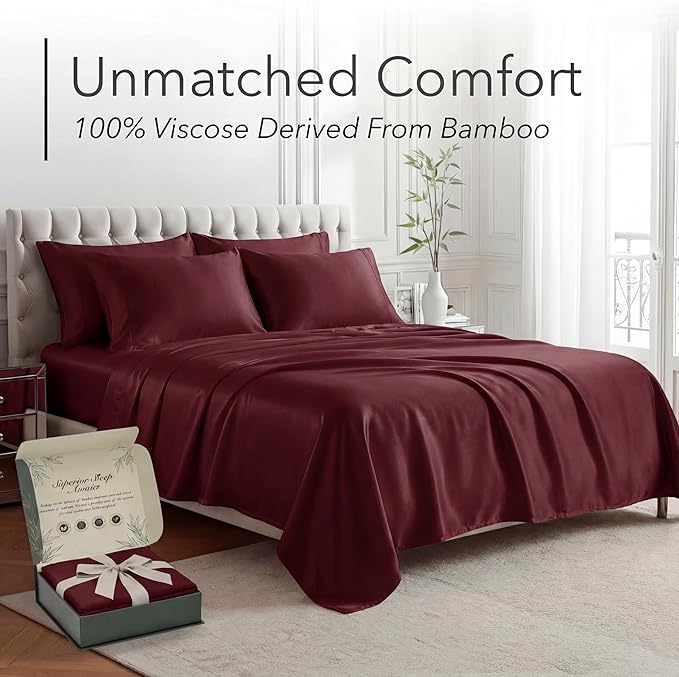 DECOLURE 100% Viscose Derived from Bamboo Sheets California King Size - Luxury 6 Pc Naturally Cooling Sheets, Ultra Soft Bed Set - Deep 17" Pockets, Double Stitching, Oeko Tex Standard (Burgundy)
