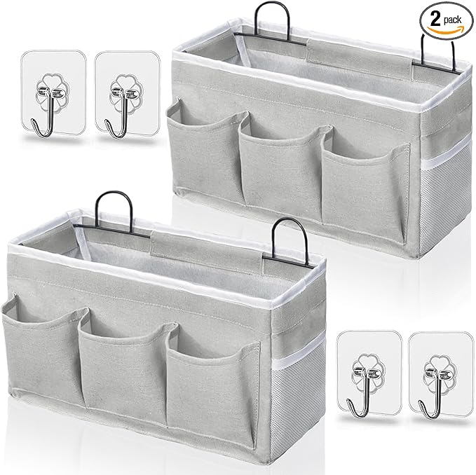 Kanrichu Wall Hanging Organizer Bag, 2-Pack Linen Storage Baskets with Pockets, Wall Hanging Storage Basket for Bedroom, Kitchen, Office, RV Camper (LightGrey-2pcs)