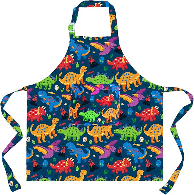 Sylfairy Aprons for Kids Girls Rainbow Unicorn Apron Children Kitchen Chef Aprons Smock (Green+Dinosaur, Medium,6-12Years)
